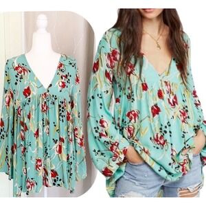 Free People Turquoise Floral V-Neck Bell Sleeve Babydoll Tunic Top OB815445 XS